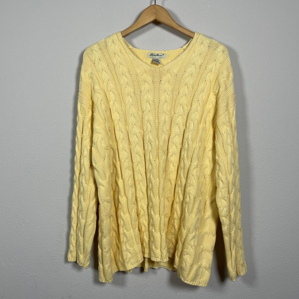 Eddie Bauer Sweater Women XXL Tall Banana Yellow Cable Knit Grandmacore Pullover